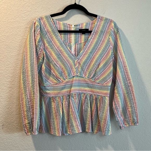 J. Crew Tops - Women’s J. Crew rainbow striped seersucker long sleeve peplum blouse size 2